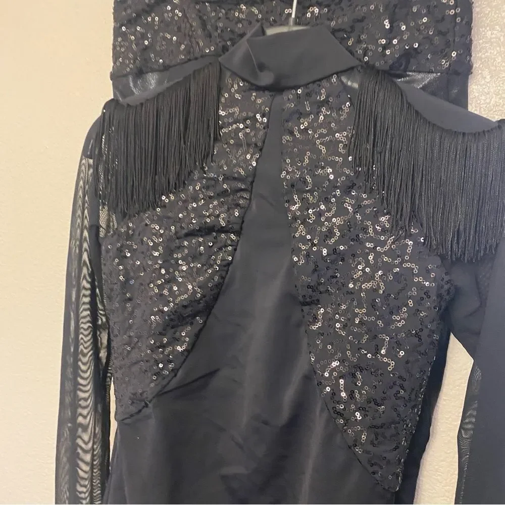 Weissman Dance costume black sequin Fringe Shoulder Leotard pants MT11429 SA